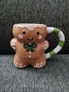 Gingerbread Ceramic Mug with Green Bow and Stripe Handle